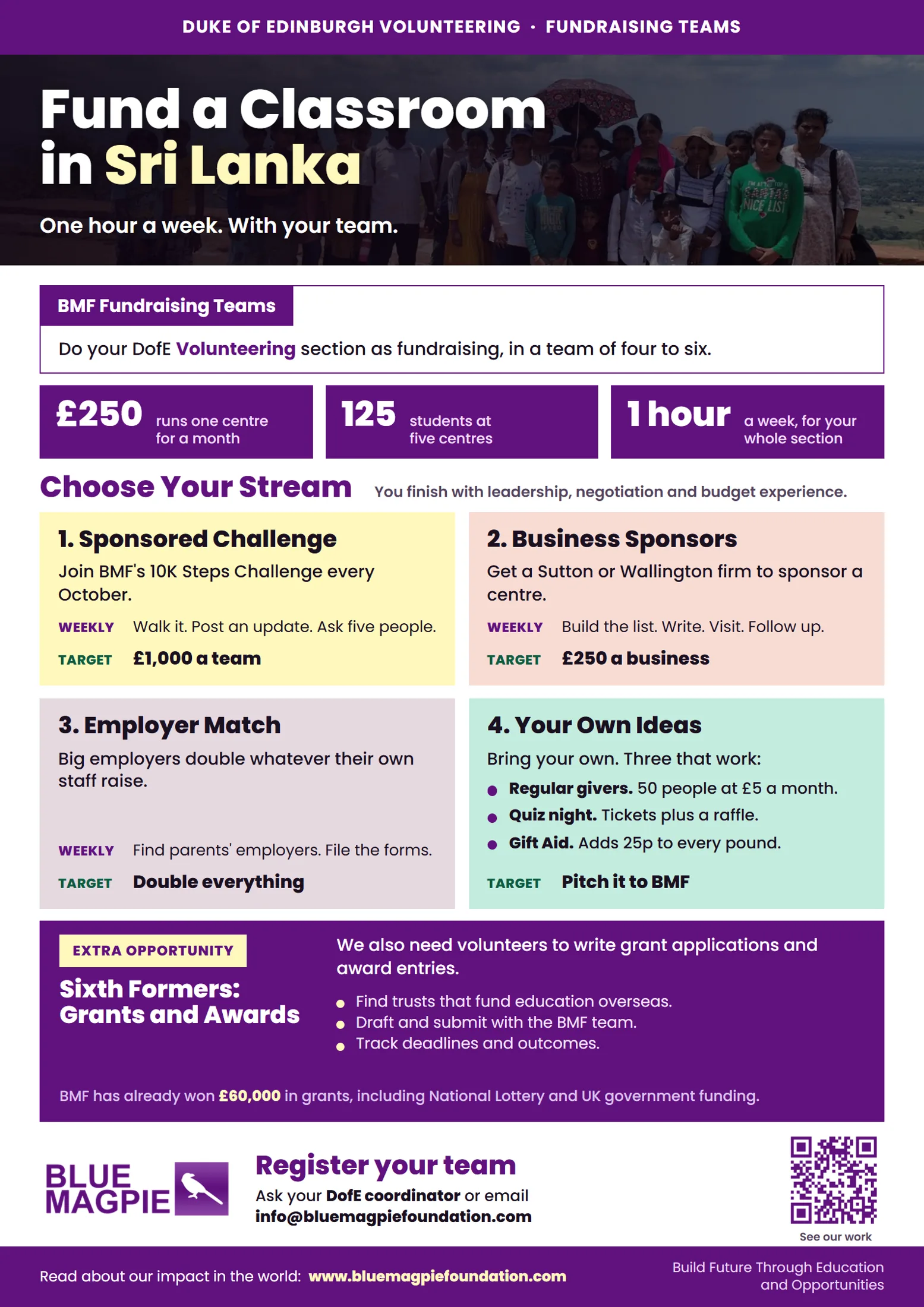BMF Fundraising Teams poster: Fund a Classroom in Sri Lanka, Duke of Edinburgh volunteering, one hour a week with your team