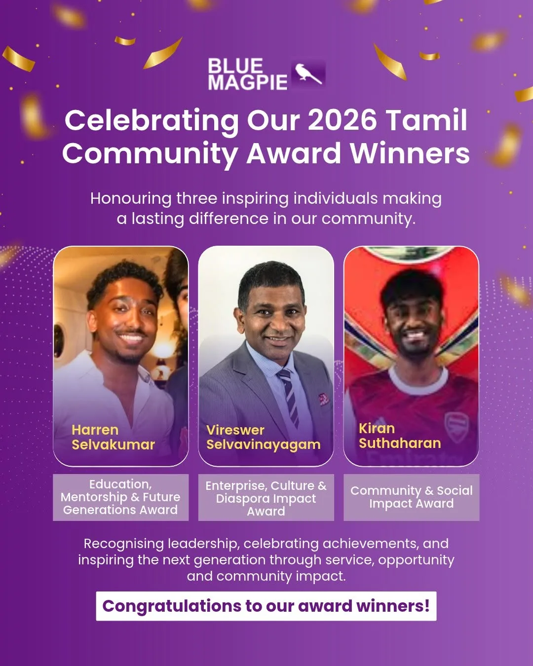 Blue Magpie Foundation 2026 Tamil Community Award winners: Harren Selvakumar, Vireswer Selvavinayagam and Kiran Suthaharan